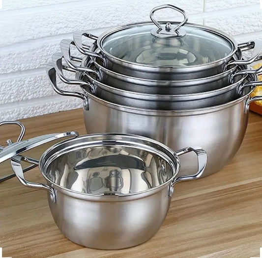 5pcs Stainless Steel Pot Professional Induction-Safe Pot with Glass Lid Not-Sticky Hot Pot