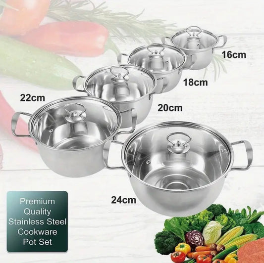 5pcs Stainless Steel Pot Professional Induction-Safe Pot with Glass Lid Not-Sticky Hot Pot