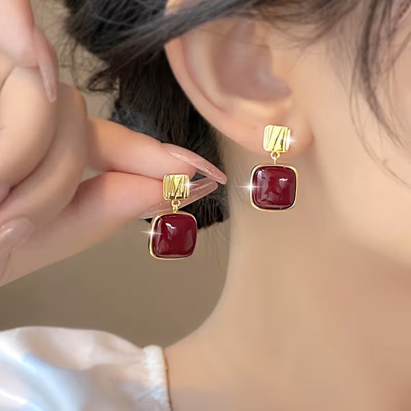 Women Long Red Geometric Square Earrings