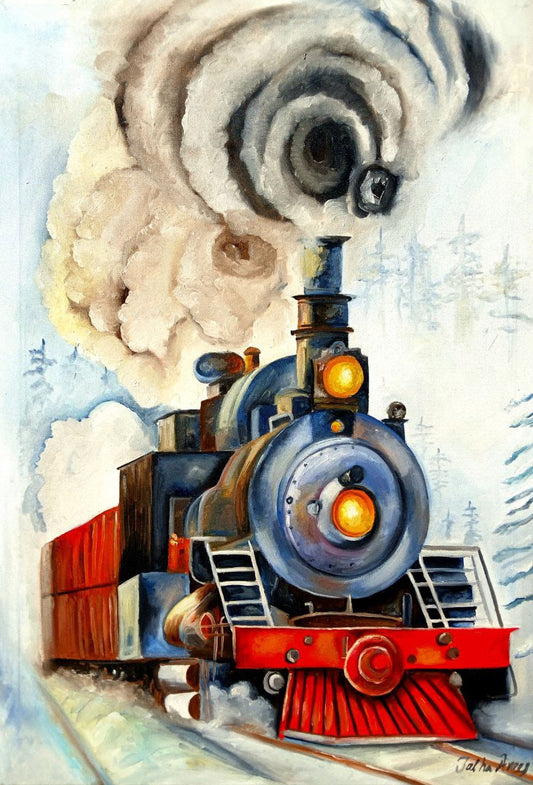 OwlsBit Handmade Oil Painting Vintage Train - 30 x 20 inch