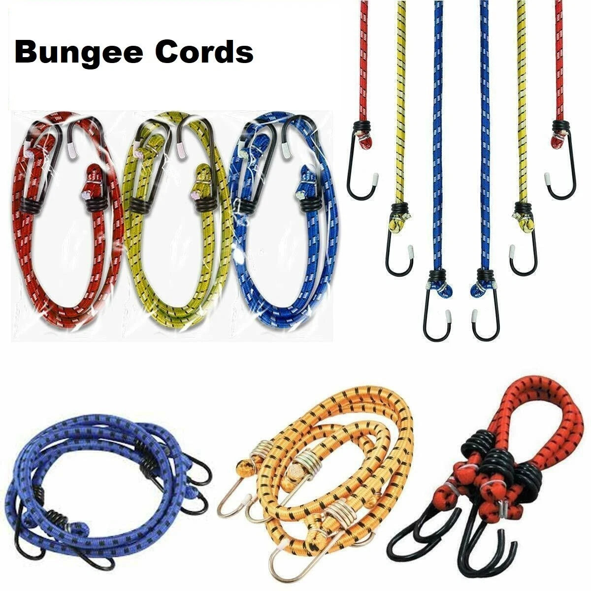 6X Bungee Cords Assorted Elastic - Feature Metal Hooks For Secure Tie Random